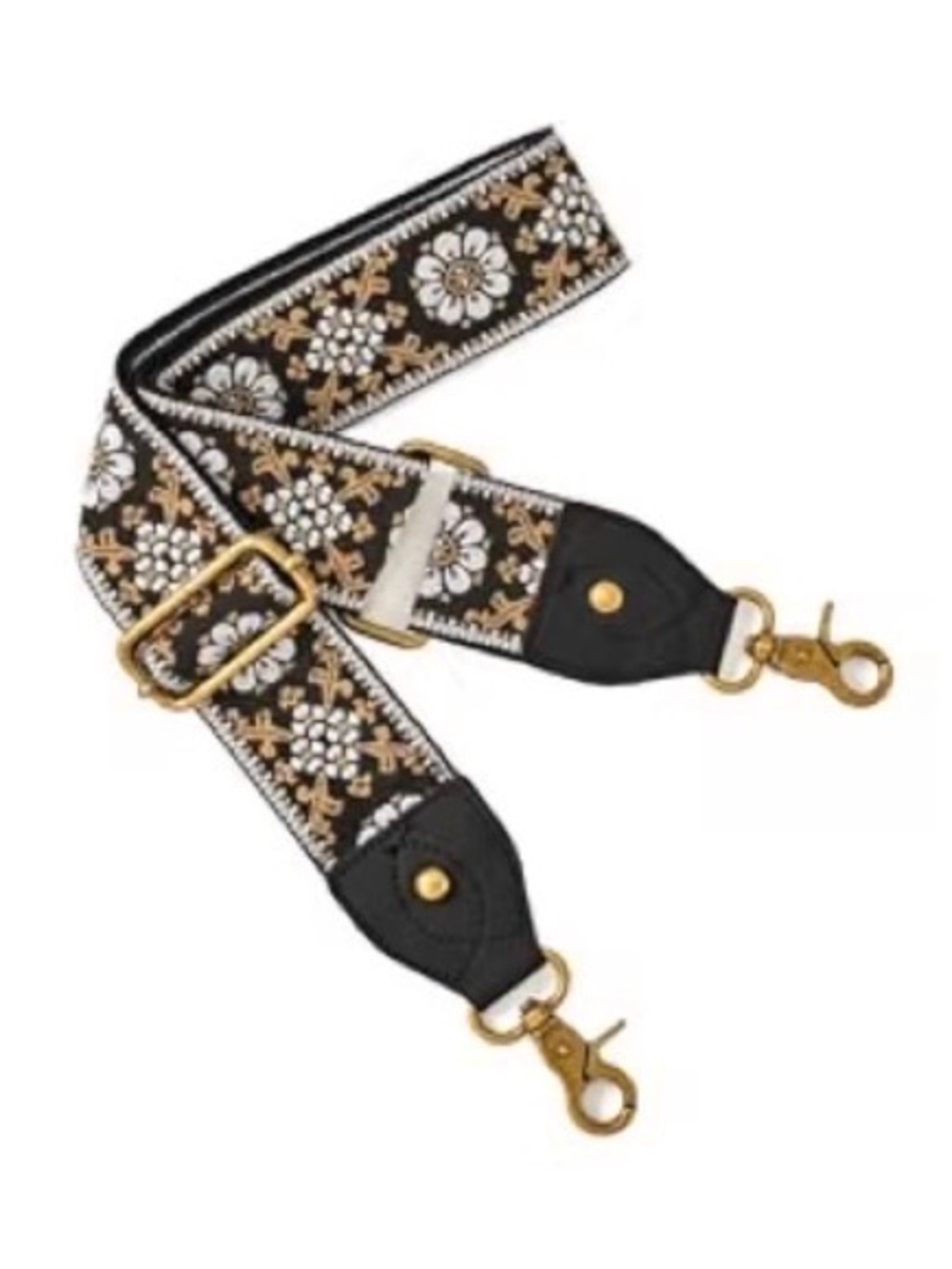Embroidered Strap Wide Shoulder Crossbody Handbag Adjustable Black Gold Brown